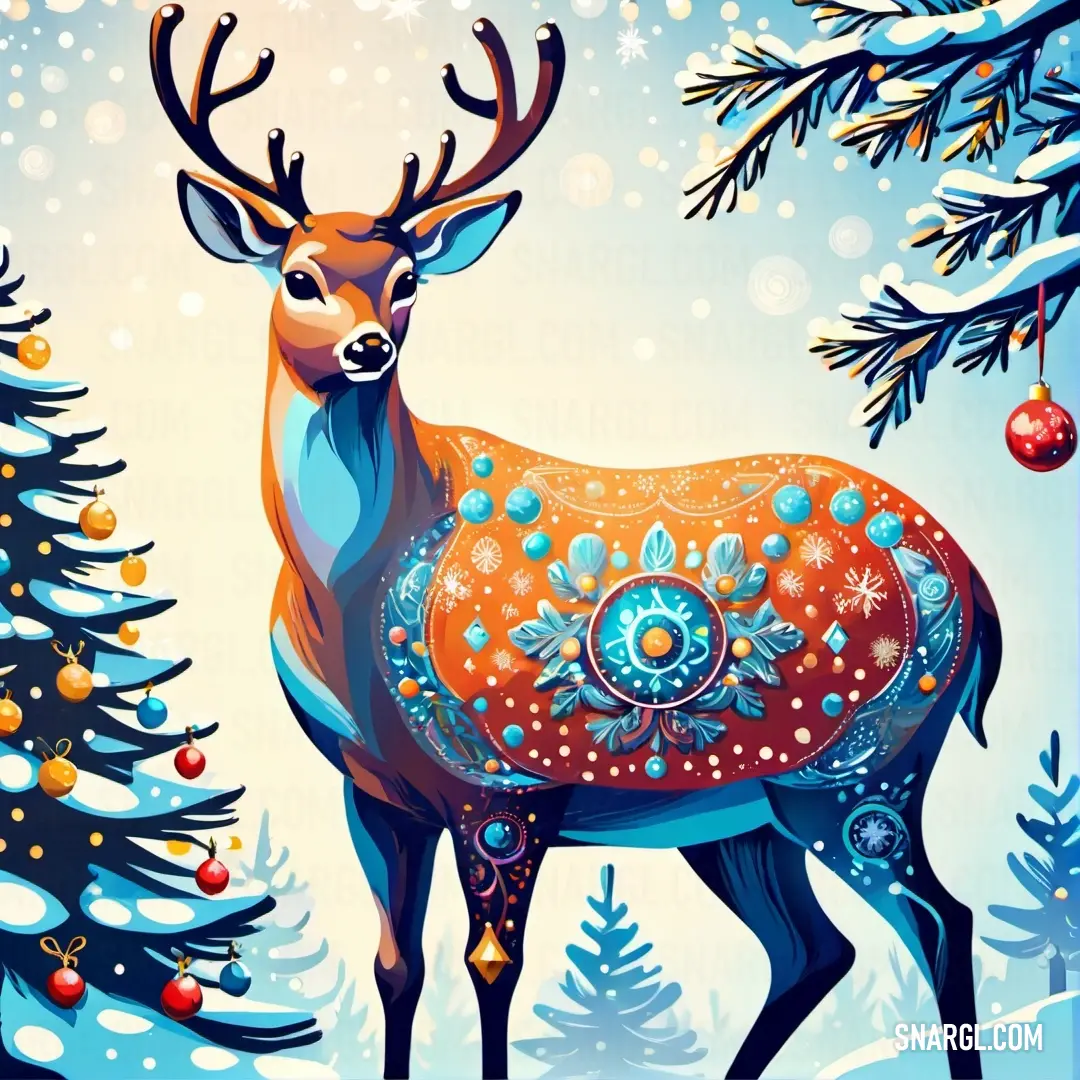 Deer standing in front of a christmas tree with ornaments on it's antlers and a snow covered ground. Example of PANTONE 7570 color.