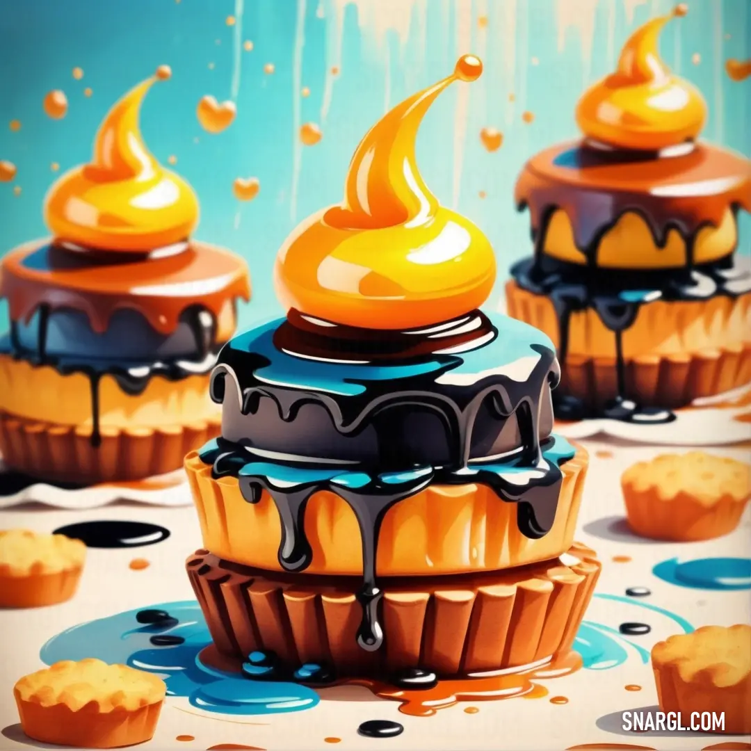 Painting of a cupcake with a yellow top and a chocolate sauce on top of it with a blue background. Color RGB 214,138,40.