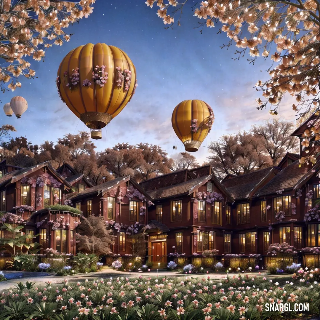 PANTONE 7570 color. Painting of a house with two hot air balloons flying over it