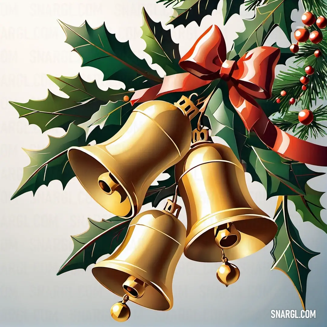 PANTONE 7571 color. Christmas card with bells and holly leaves and a bow on a blue background