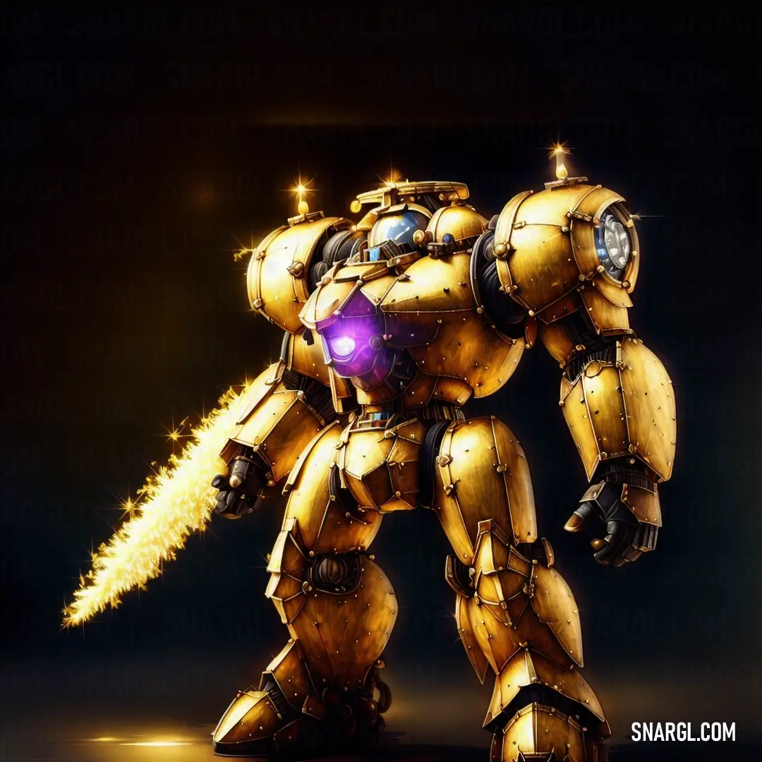 Golden robot with a purple eye and a sword in its hand, on a dark background. Color CMYK 0,48,97,21.