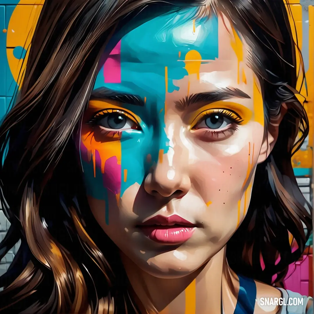 Woman with a colorful face painted on her face and a brick wall behind her is a colorful painting of a woman's face