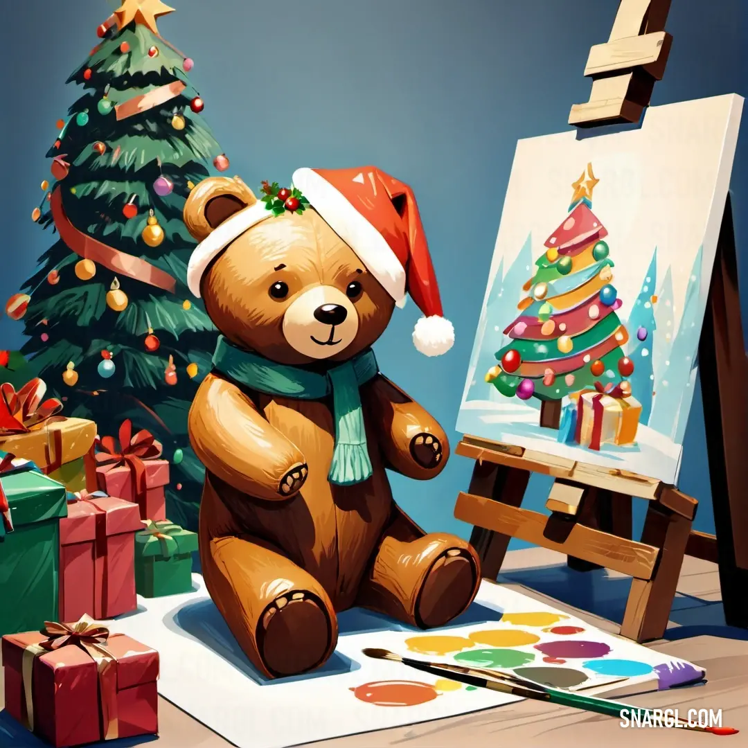 Teddy bear in front of a christmas tree with a painting on it's easel and a christmas tree with presents. Example of CMYK 0,50,93,32 color.
