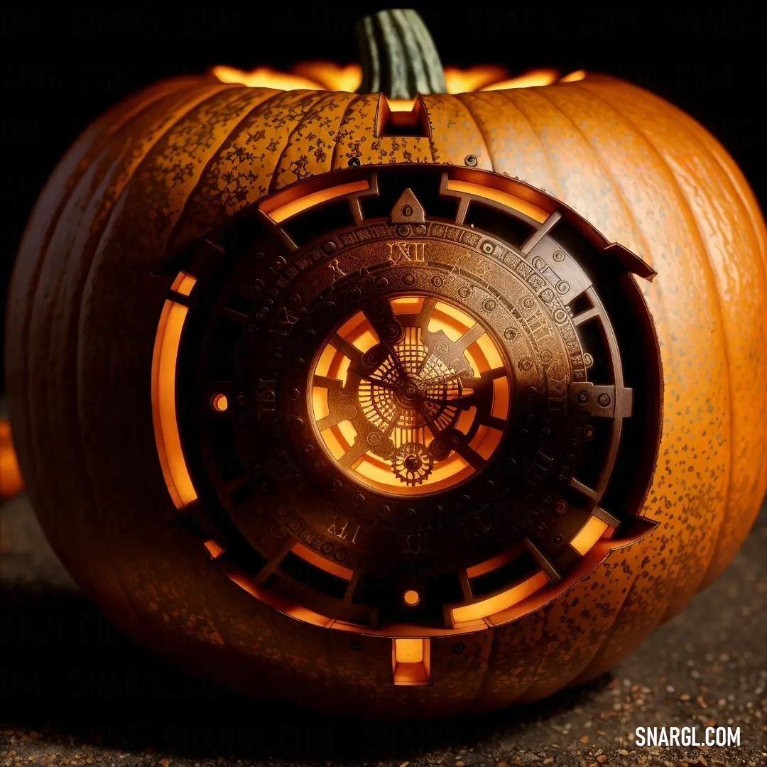 Carved pumpkin with a clock inside of it's centerpieces and a glowing light inside of it. Color RGB 168,105,50.