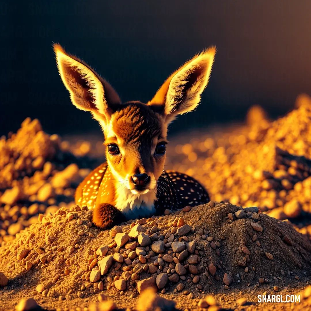 Small deer laying on top of a pile of dirt and rocks in the sun light of the setting sun. Color CMYK 10,55,89,33.