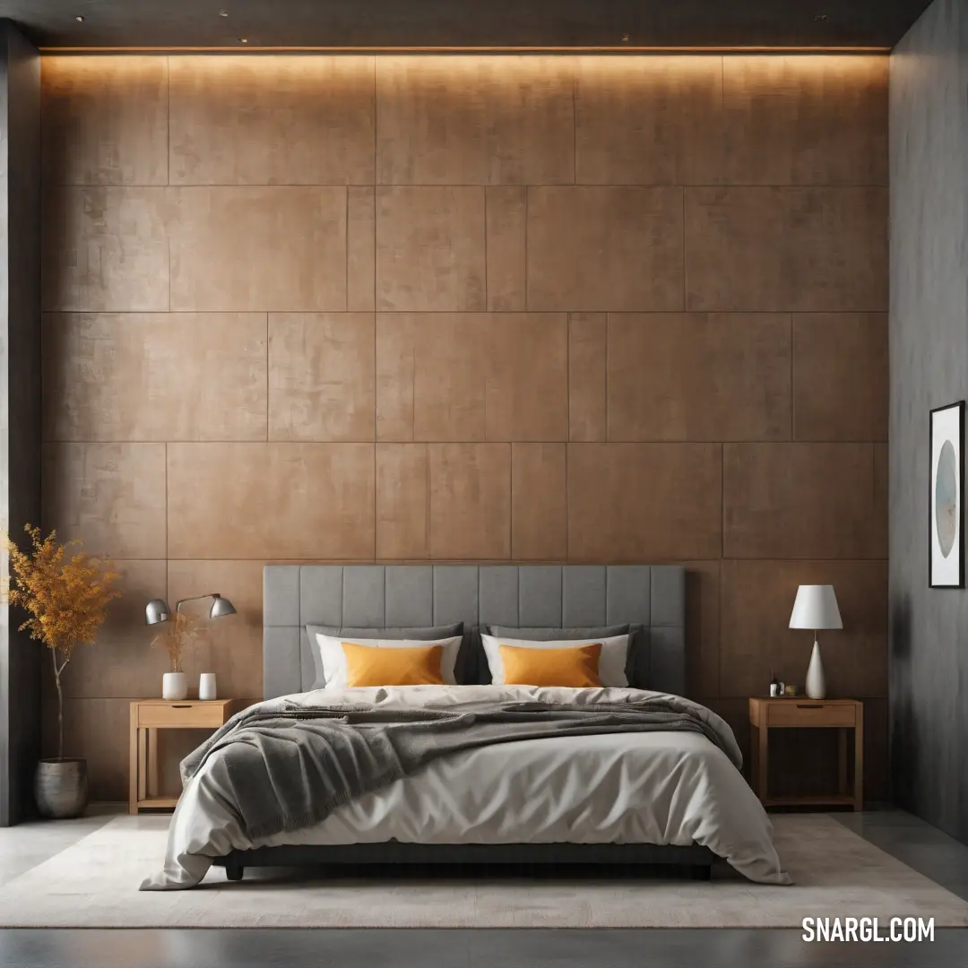 Elegant bedroom with a stylish bed and a nightstand adorned with a sleek lamp. A grand wall featuring rich brown tones creates a serene atmosphere, showcasing the beauty of PANTONE 7574.