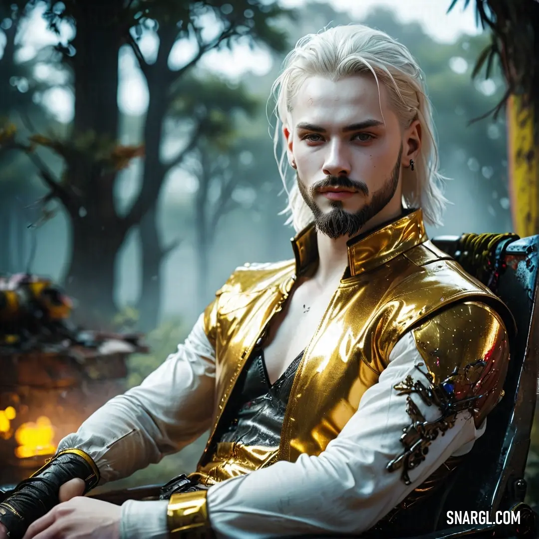 In a tranquil forest setting, a man with a beard lounges comfortably in a chair, clad in a stunning golden outfit that reflects the warm glow of a nearby fire, merging nature and elegance seamlessly.