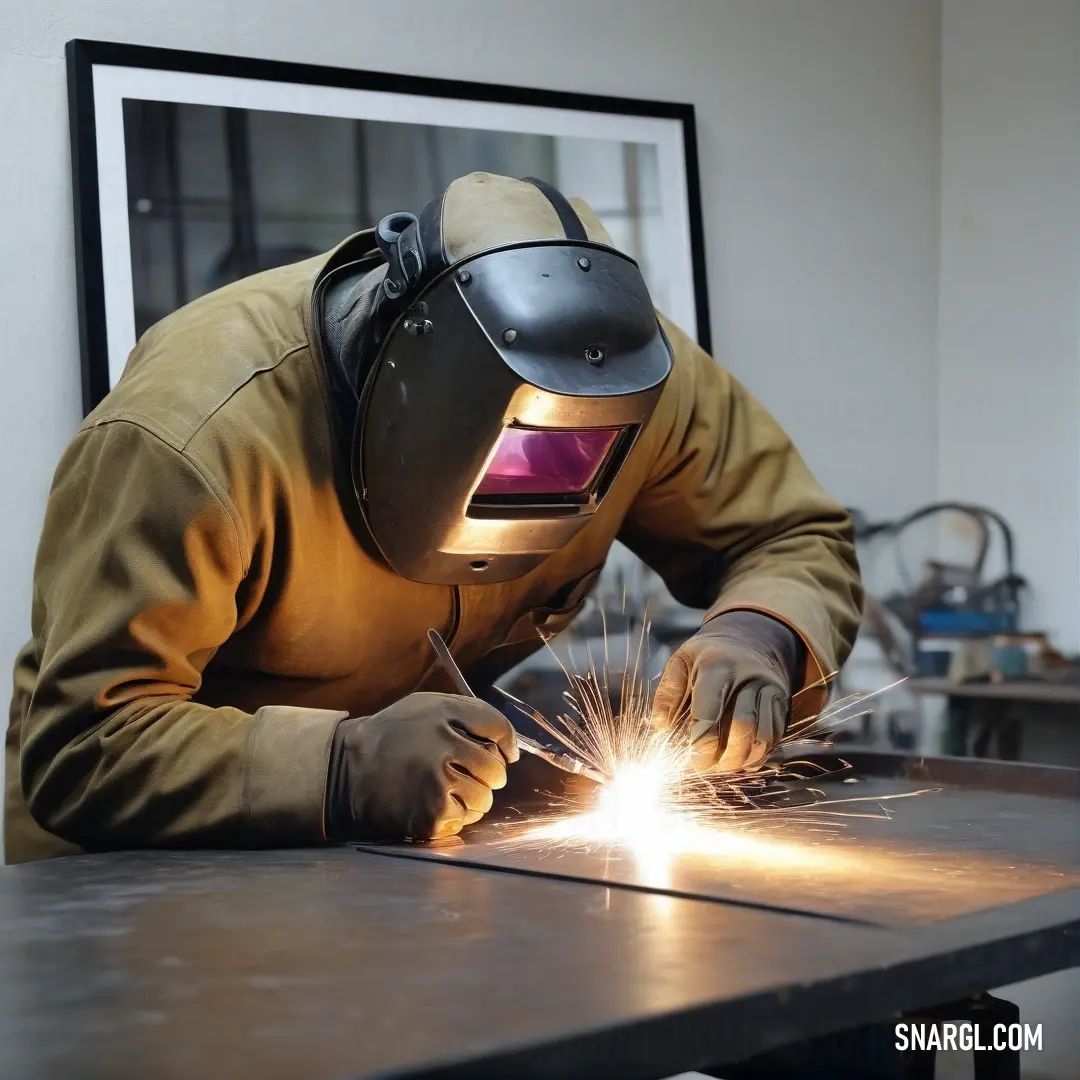 A dynamic scene capturing a man in a welding mask, skillfully working on metal with a grinder, illuminating the workspace with sparks and showcasing the strong, earthy tones of PANTONE 7574 in the background.