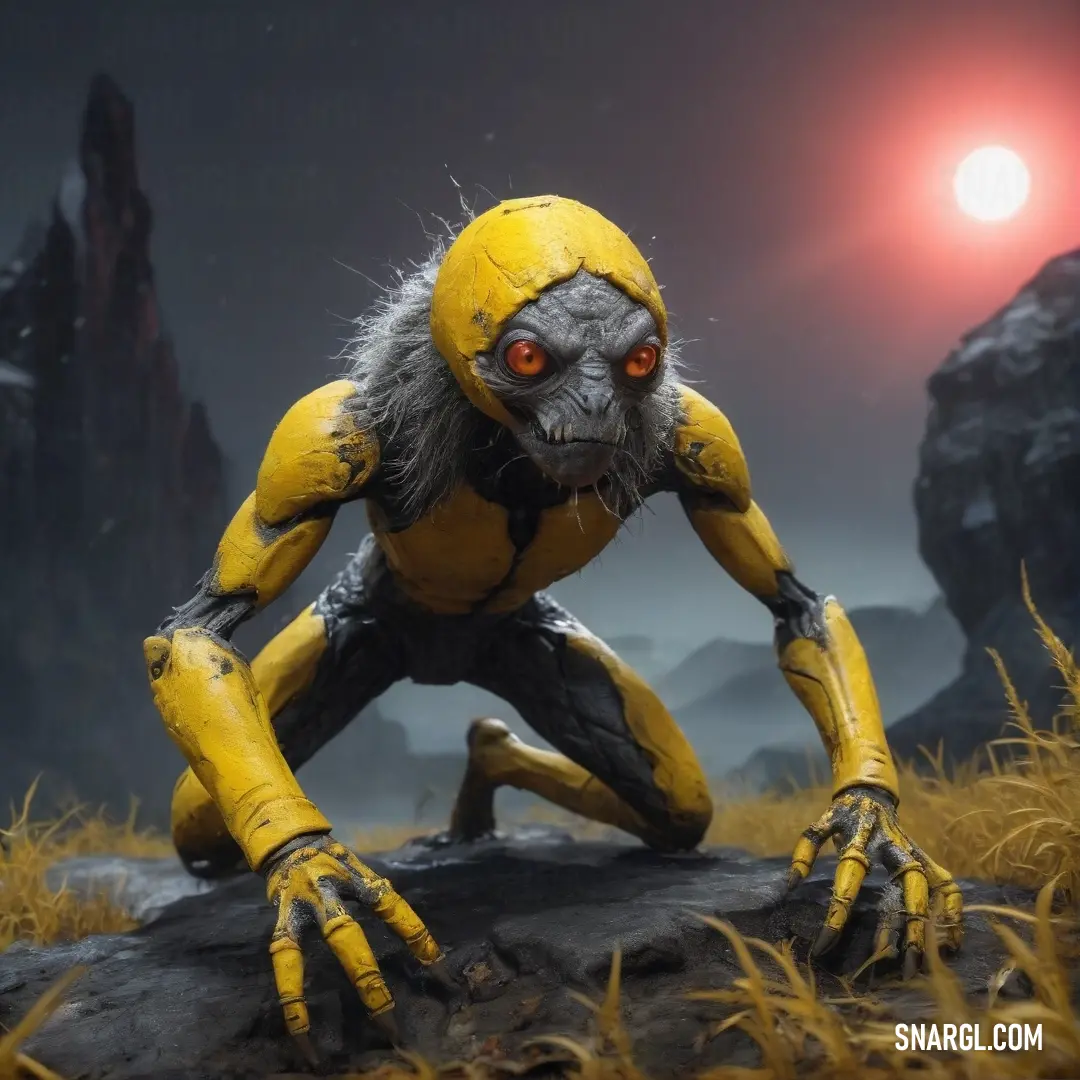 A vibrant yellow and black creature adorned with striking red eyes and sharp claws rests on a rock amidst a field of grass, beautifully illustrating the energy of nature and the subtle intricacies of color represented by PANTONE 7574.