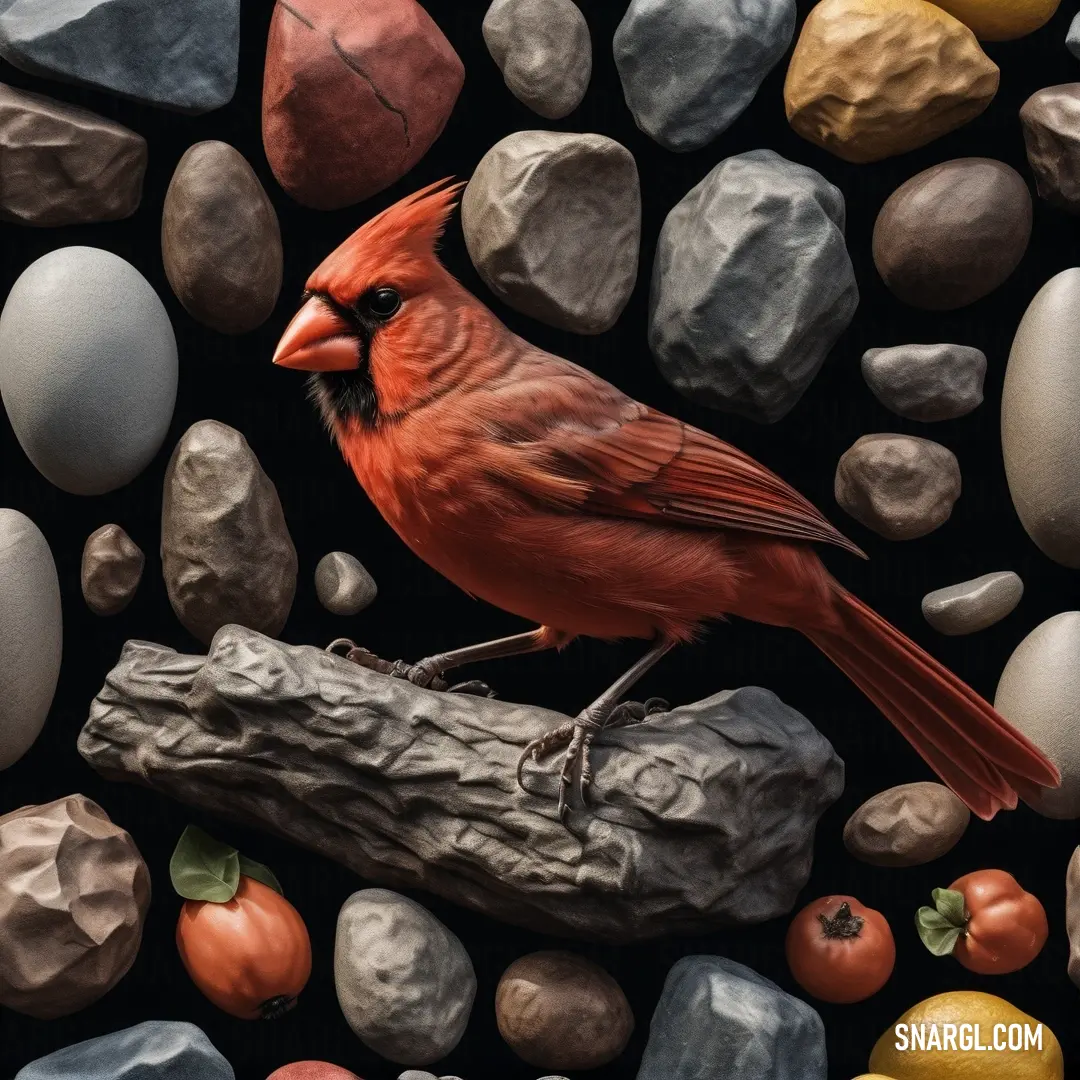 A vibrant red bird perched gracefully on a branch, surrounded by natural elements like rocks, vegetables, and elegantly arranged eggs, against a deep black background for a striking contrast.