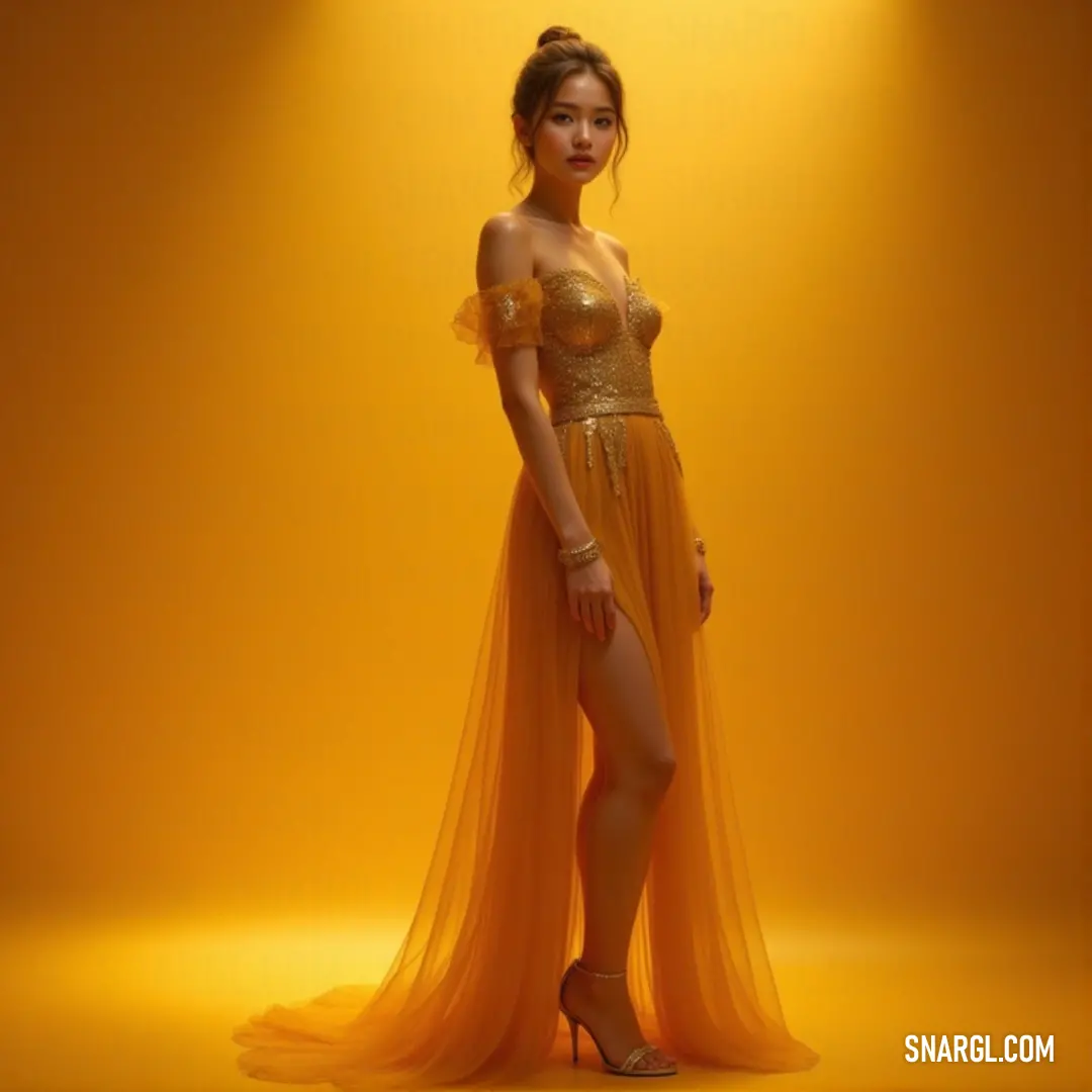 A chic woman in a vibrant yellow dress stands in a well-lit studio, her pose exuding confidence and charm. The unique color choice draws attention and sets the mood for a lively atmosphere.