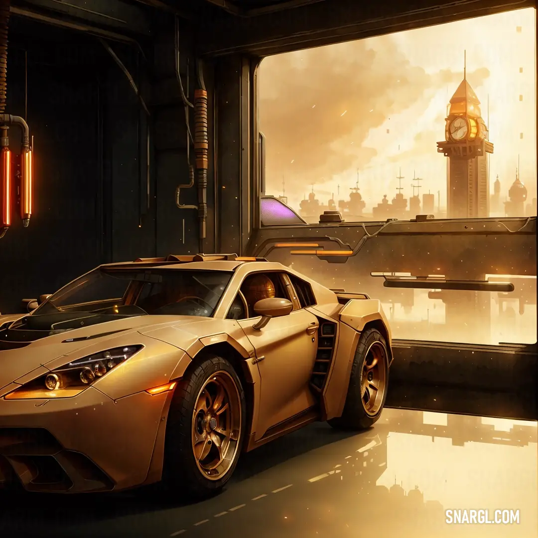 Futuristic car is parked in a garage with a clock tower in the background. Color RGB 134,90,35.