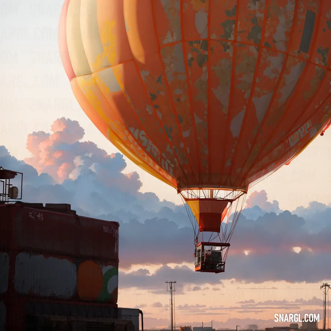 CMYK 6,50,76,0 example: Hot air balloon flying over a train and a building with a sky background