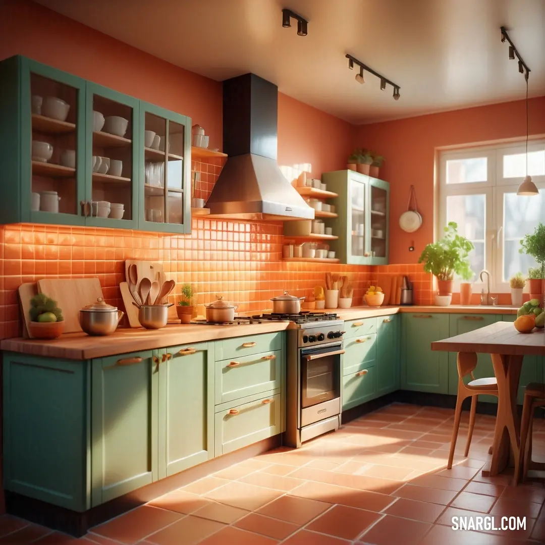 PANTONE 7576 color example: Kitchen with a table and a stove top oven in it's center island and a window in the back