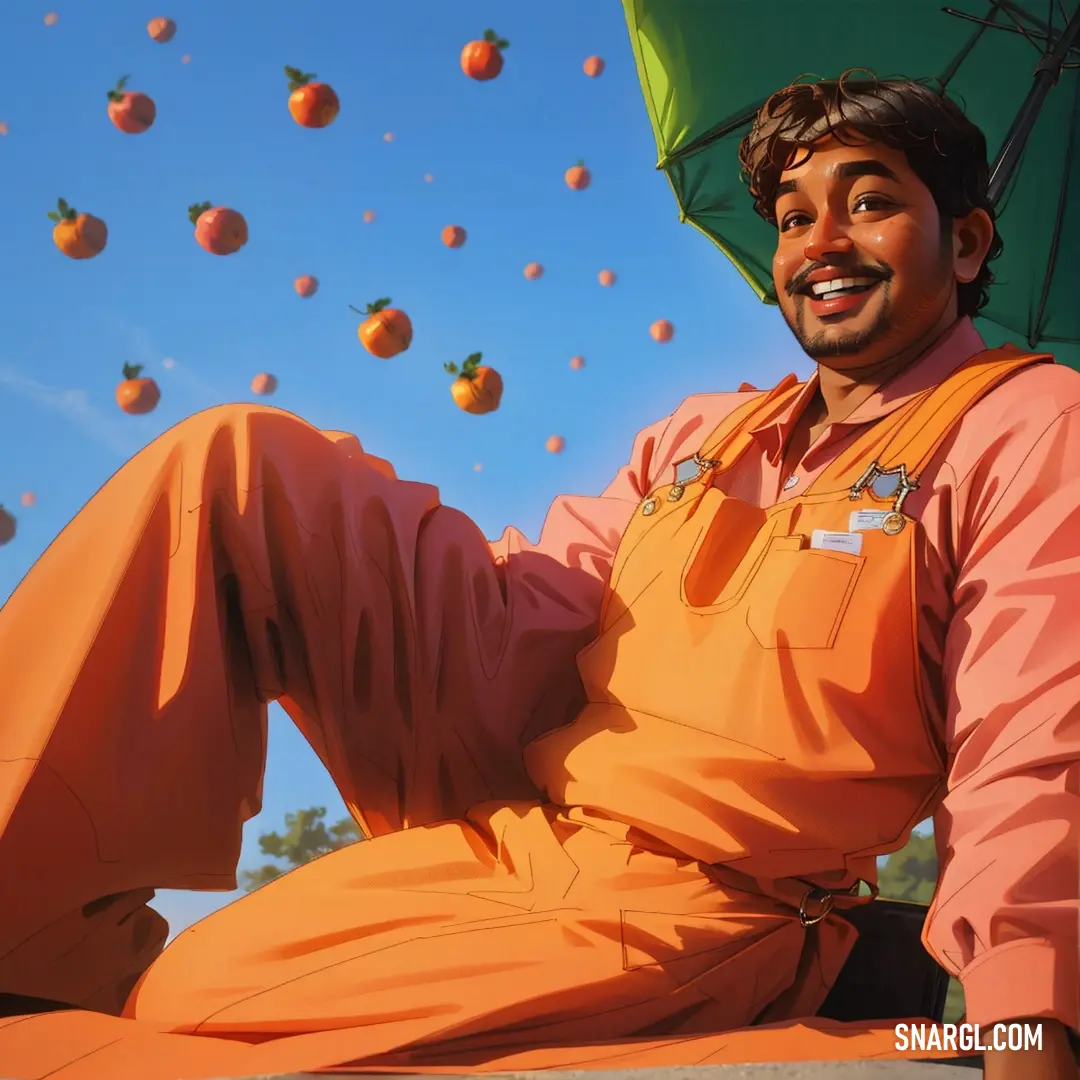 PANTONE 7577 color. Man on the ground with an umbrella over his head and a lot of oranges flying in the air