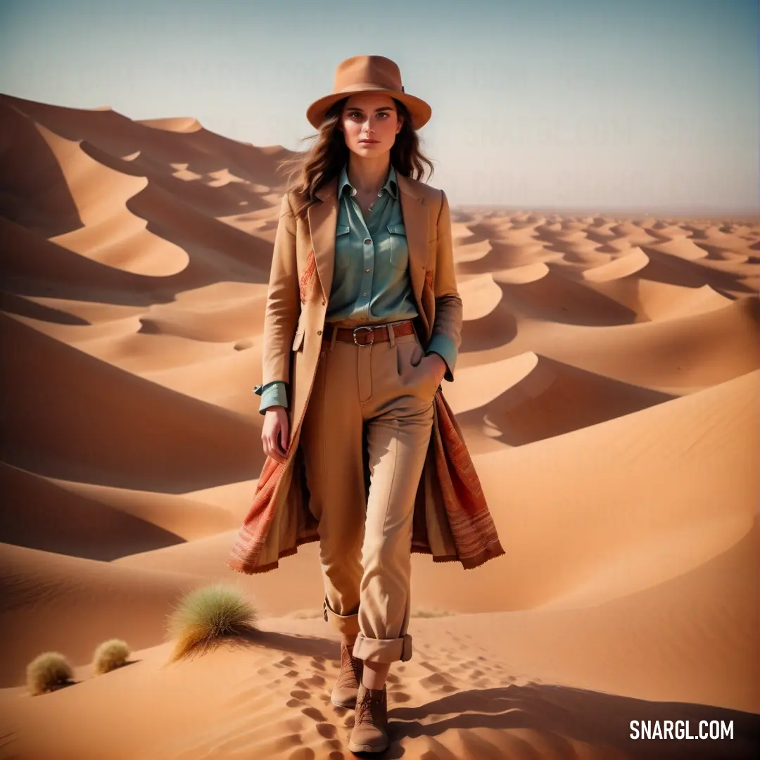 Woman in a hat and coat walking in the desert with a cactus in her hand and a desert background. Color #DF844F.