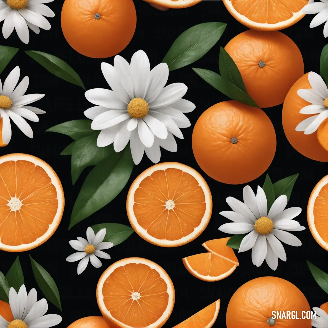 Bunch of oranges with flowers and leaves on a black background. Color #E06E1E.