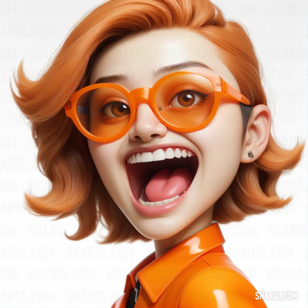 Digital painting of a woman wearing orange glasses and a shirt with a smile on her face and tongue. Color PANTONE 7578.