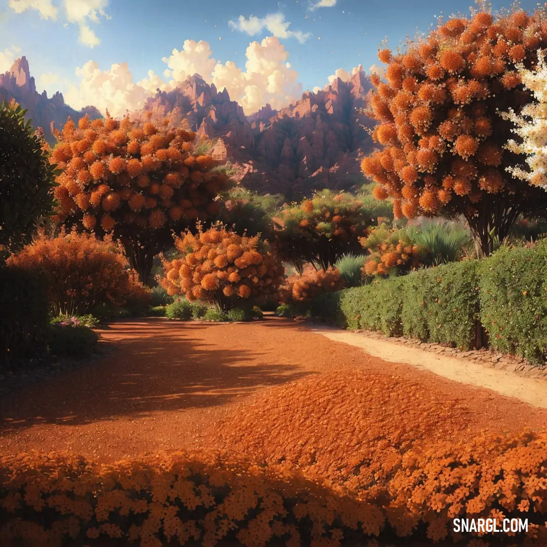 Dirt road with orange flowers on the side of it and a mountain in the background. Example of #DE6225 color.