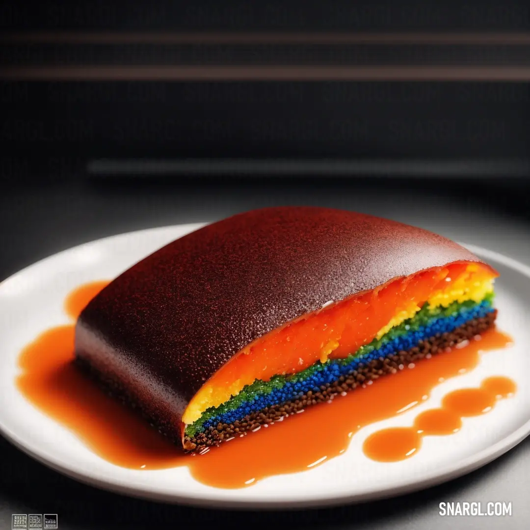 Piece of cake with a rainbow topping on a plate with sauce on it and a knife in the background. Example of #DE6225 color.