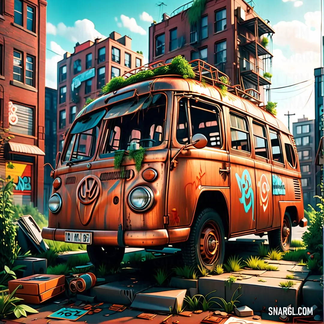 PANTONE 7579 color. Van with plants on top of it parked in a city street next to tall buildings and a building
