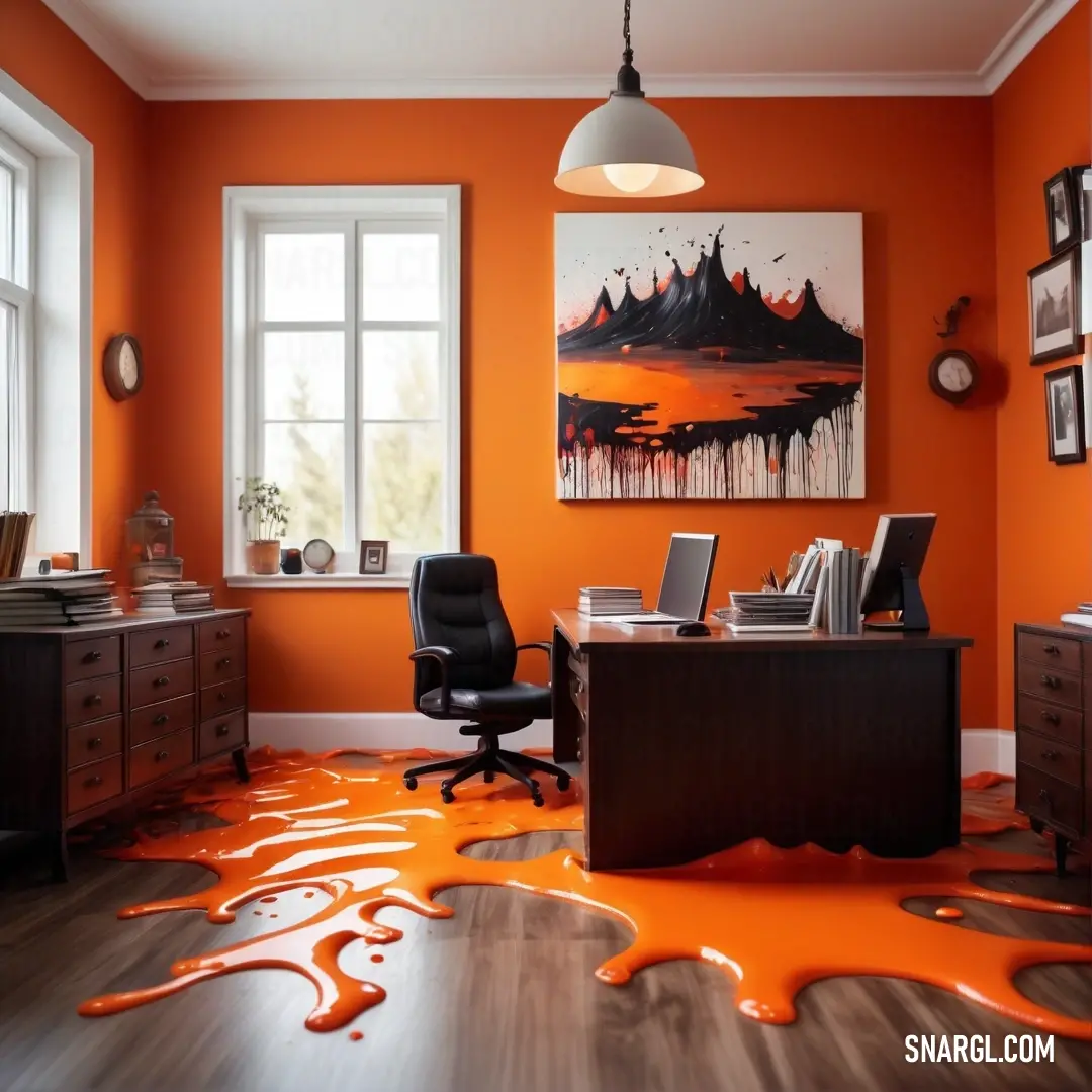 Room with a desk and a chair with orange paint on the floor and a painting on the wall. Example of RGB 196,87,41 color.