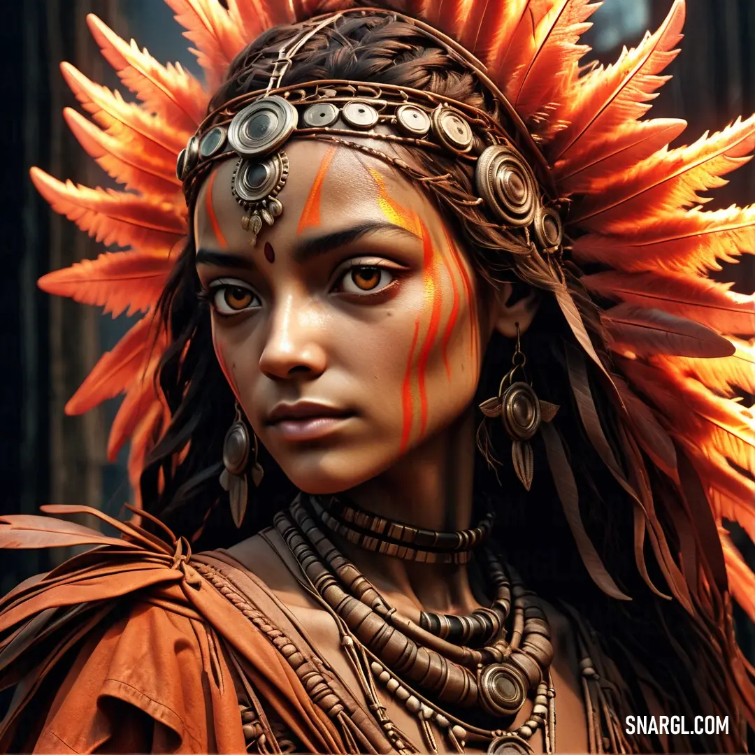 Woman with a headdress and feathers on her head is staring at the camera with a serious look on her face. Color CMYK 0,77,97,15.