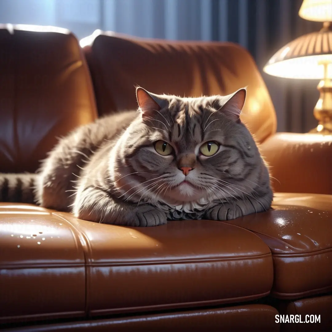 PANTONE 7581 color. Cat laying on a leather couch in a living room with a lamp on the side of the couch