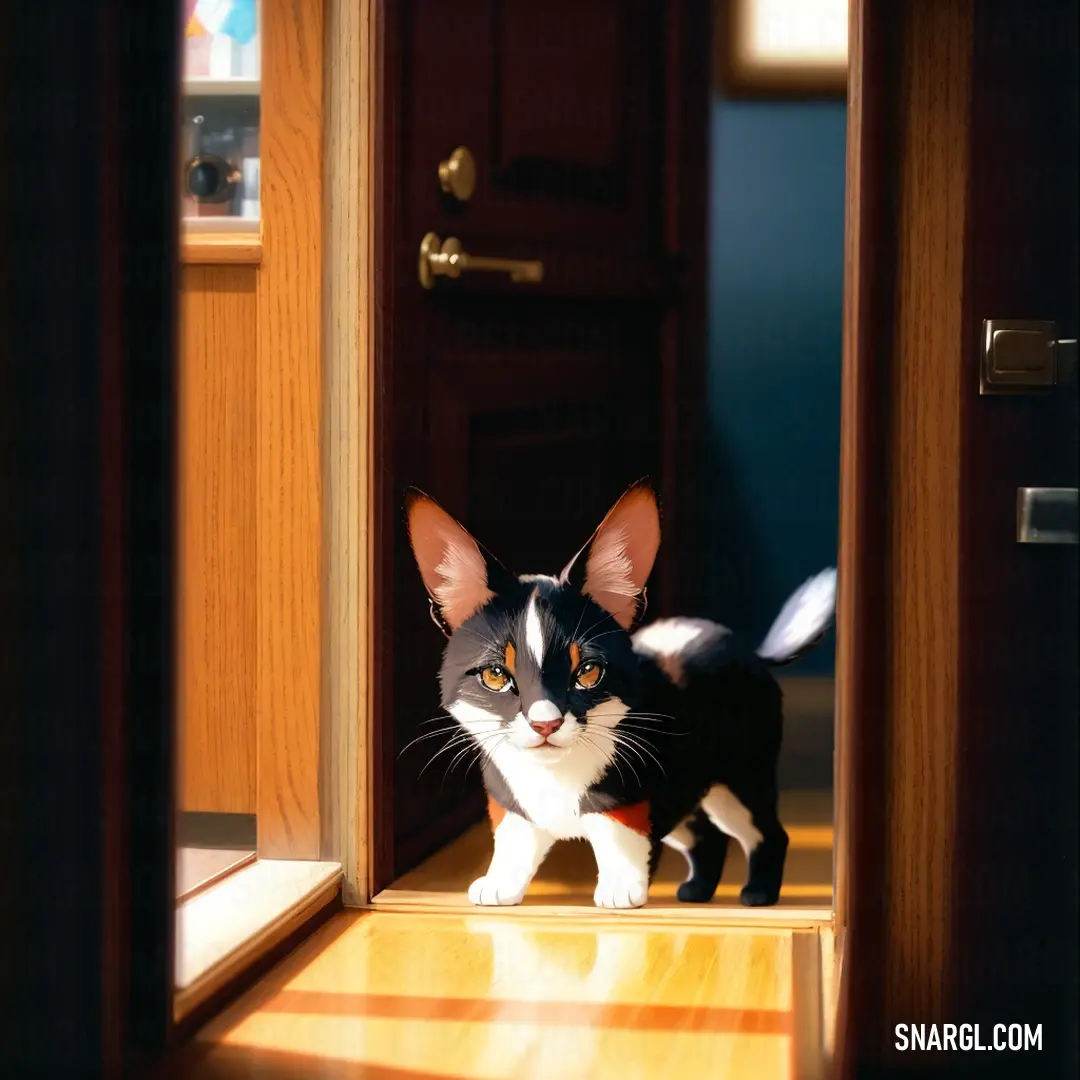 Cat standing in a doorway looking at the camera man in the mirror behind it is a cat with a black and white face