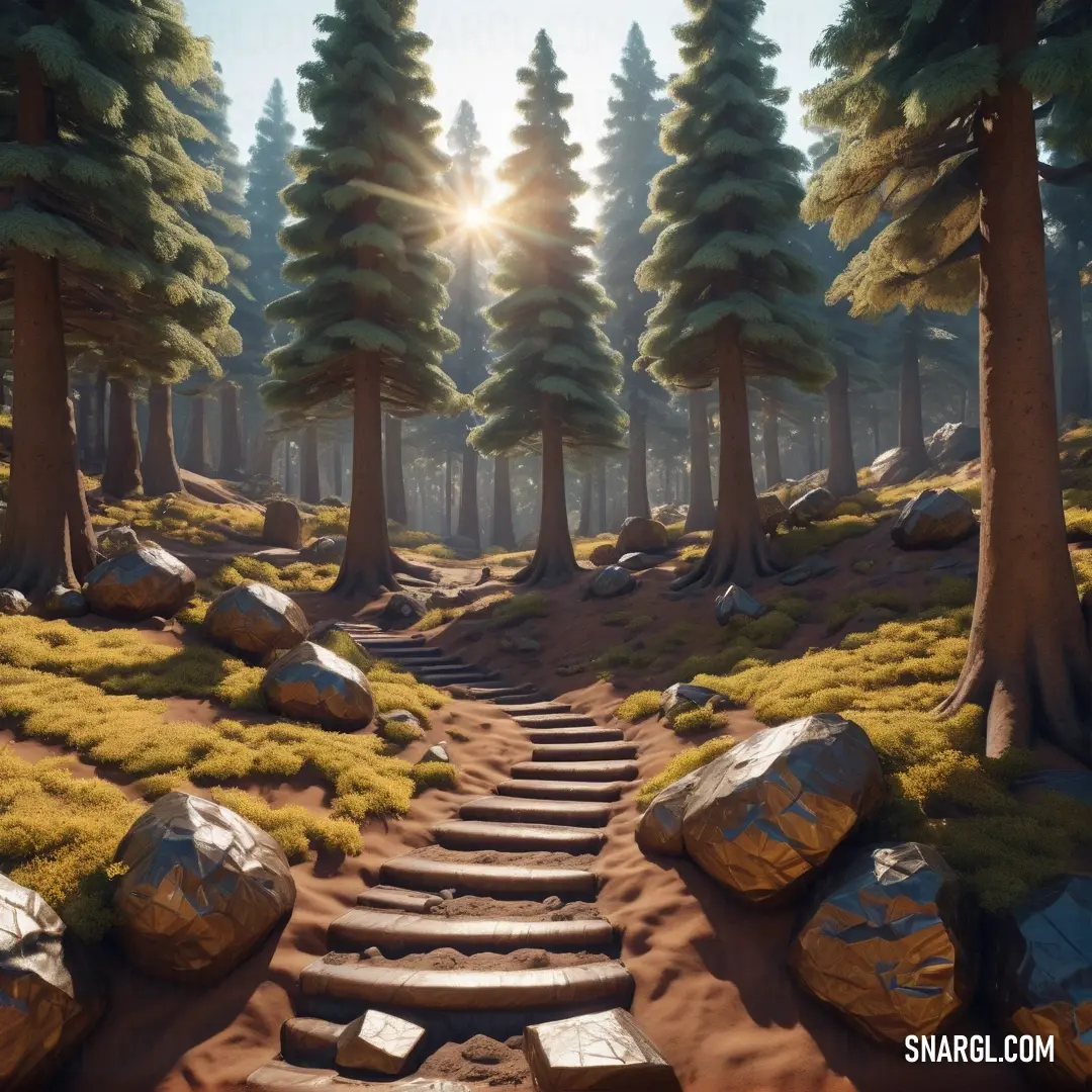 #7F4A35 color example: Set of steps leading to a forest with rocks and trees on either side of it