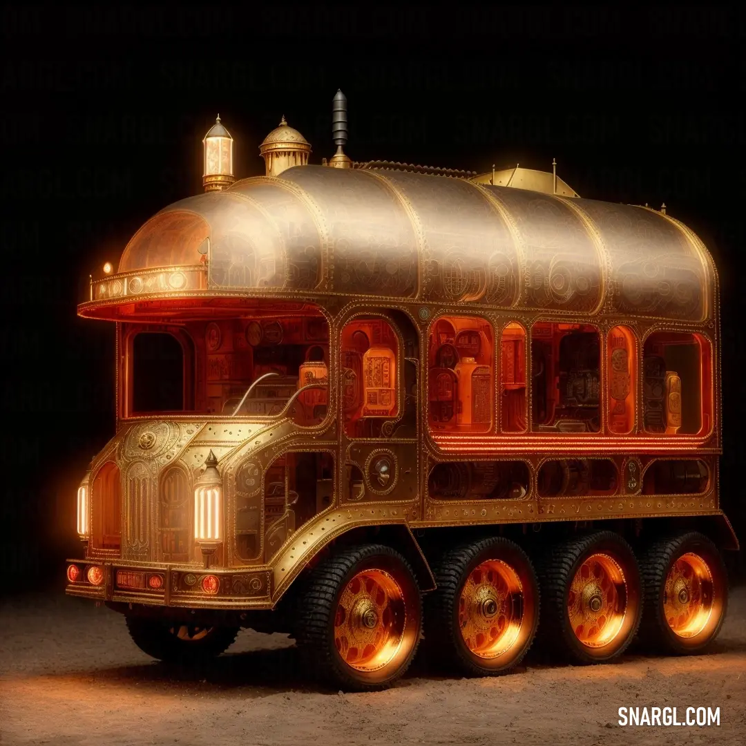 Very large truck with a big shiny roof and a dome on top of it's roof and a light on the side. Color PANTONE 7582.