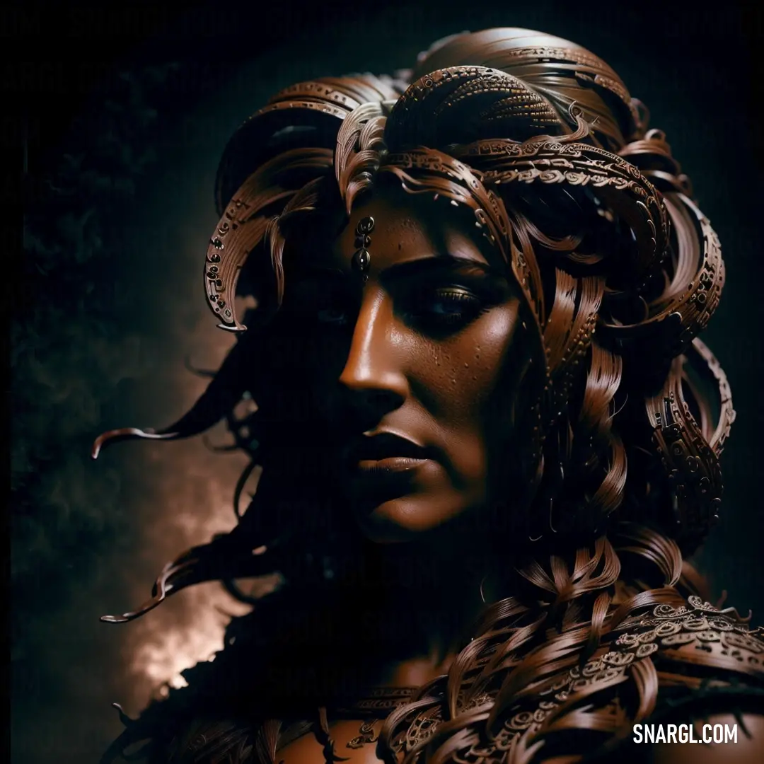 Woman with a braid and a headpiece in her hair is shown in a dark photo with smoke. Color PANTONE 7582.