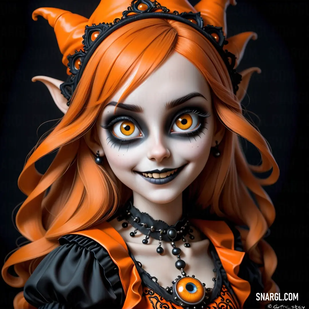 Doll with orange hair and a black dress and a tiara with orange eyes and orange hair