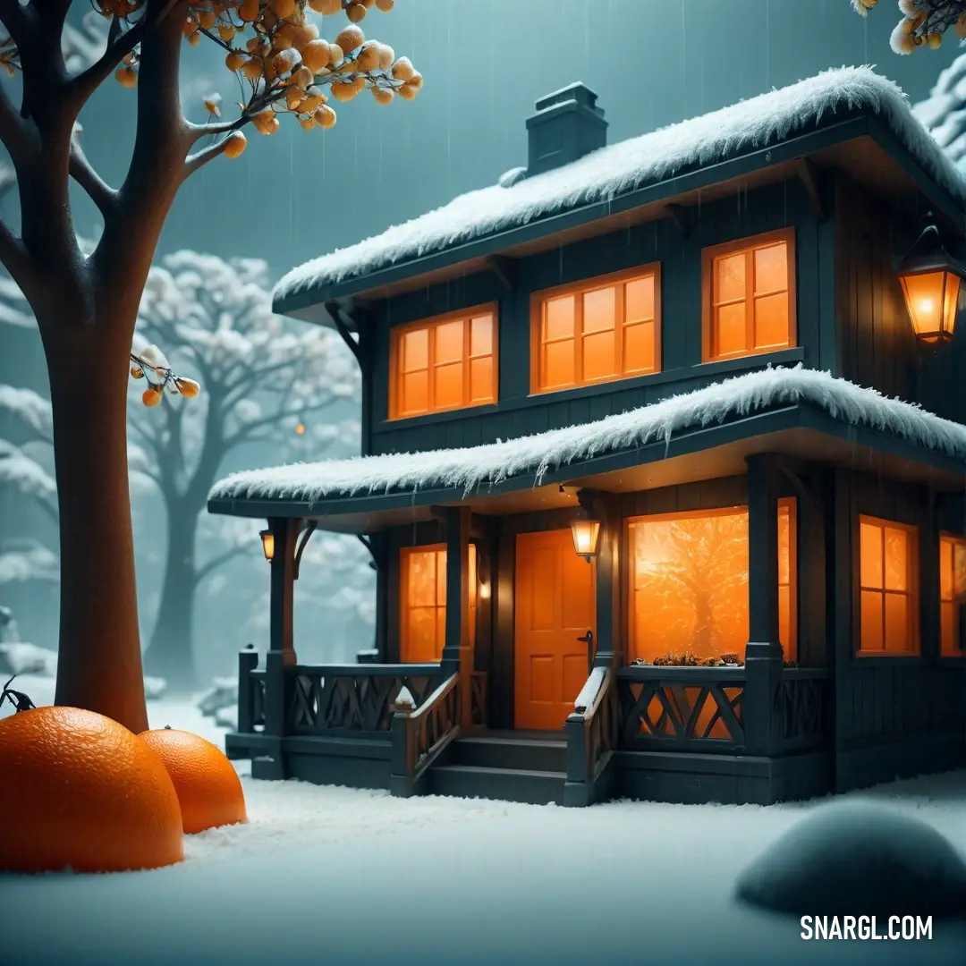 CMYK 0,69,98,12 example: House with a snowy roof and a tree with oranges in front of it and a snow covered yard