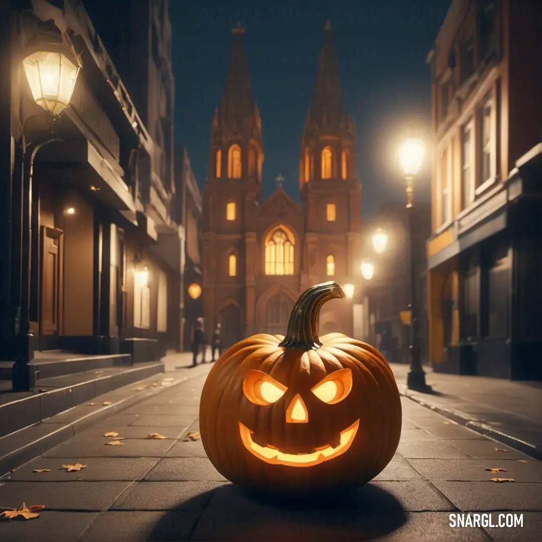 #C86426 color. Pumpkin on a street with a building in the background at night with a lit up face on it