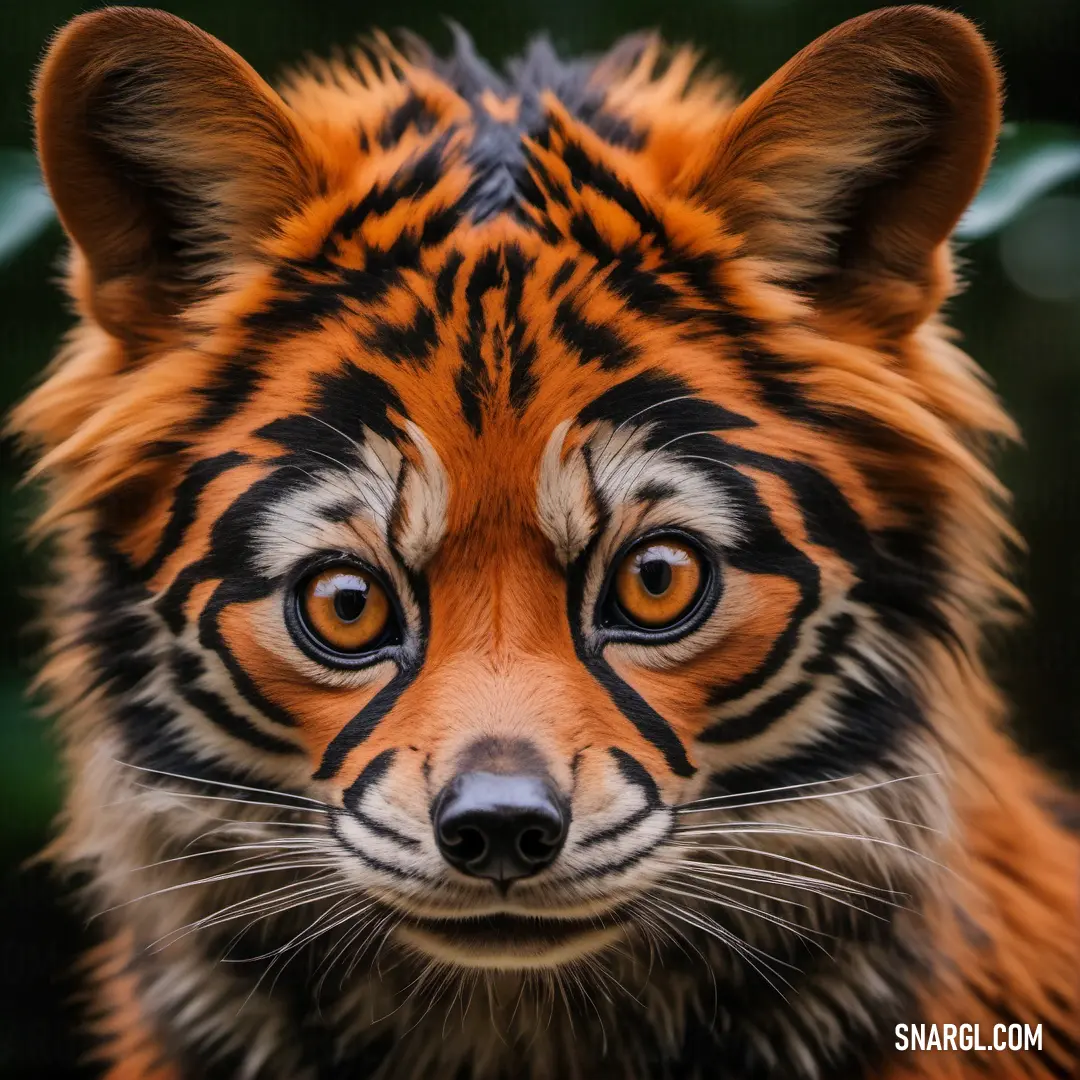Close up of a tiger face with a blurry background. Color RGB 192,93,38.
