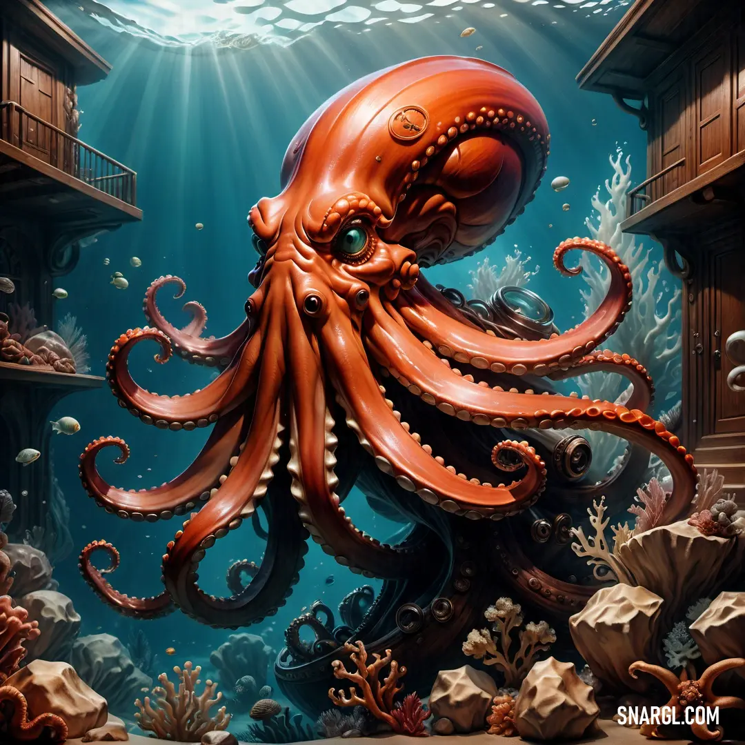 Octopus is swimming in a deep blue ocean with corals and other marine life around it. Example of #C05D26 color.