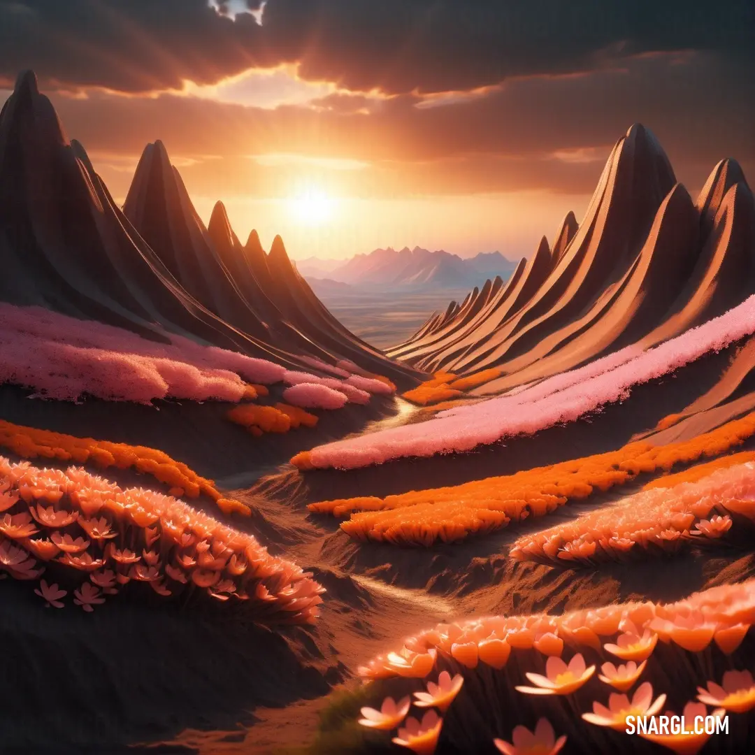Painting of a landscape with mountains and flowers in the foreground and a sunset in the background. Example of CMYK 0,70,100,17 color.