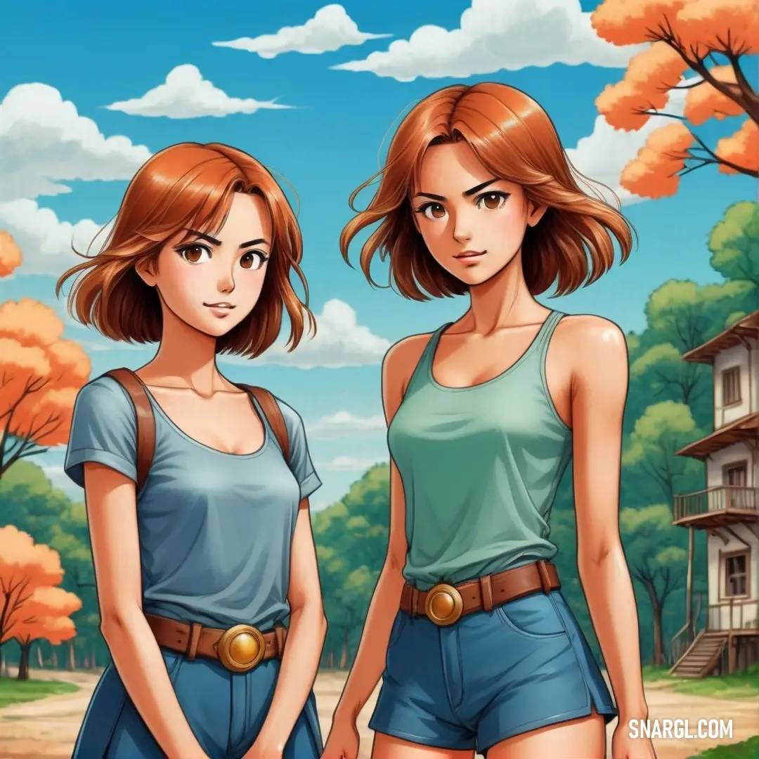 Two girls standing next to each other in front of a house and trees with orange leaves on the ground. Example of CMYK 0,70,100,17 color.