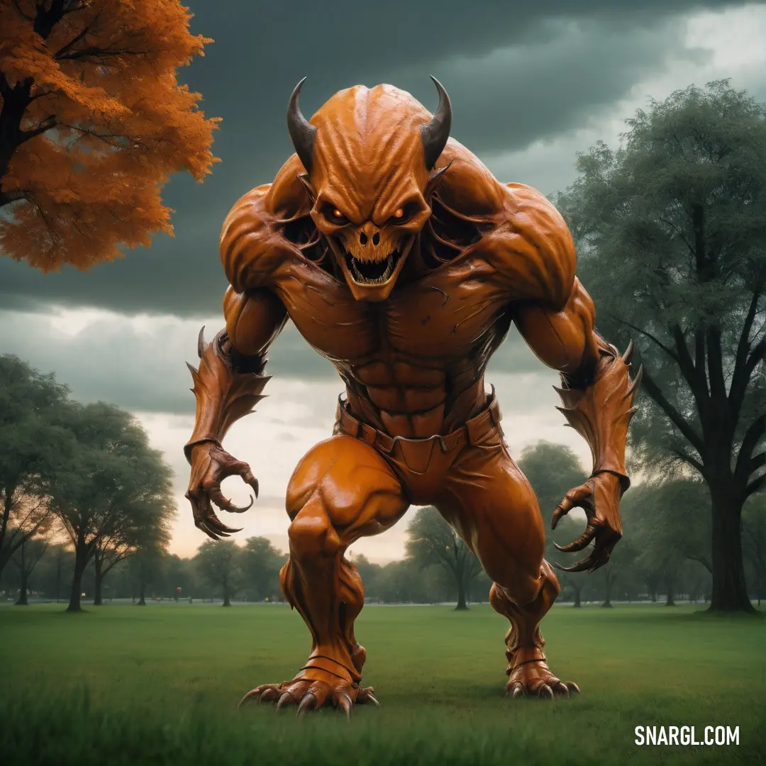 Giant demon standing in a field with trees in the background