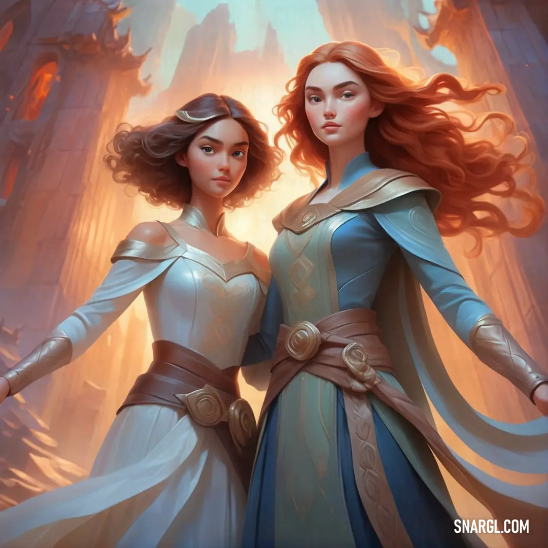 Two women in dresses standing next to each other in front of a castle with a light shining on them. Color #B75C2F.