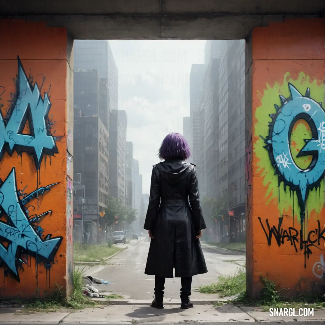Woman standing in front of a graffiti covered wall with a coat on her shoulders and a coat on her head. Color CMYK 0,67,90,24.