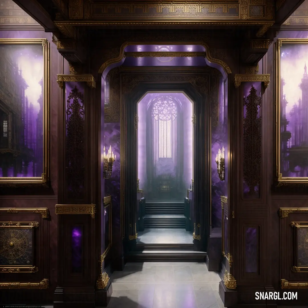 Hallway with a purple wall and a purple door and a purple light in the middle of the hallway. Example of #51392C color.