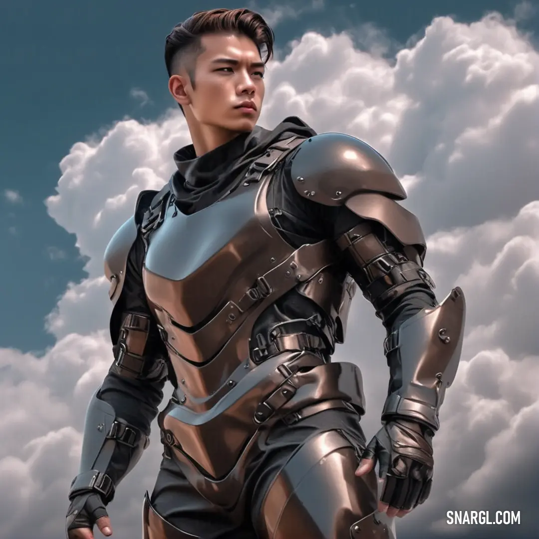 Man in a futuristic suit standing in front of a cloudy sky with clouds behind him and a gun in his hand. Color #51392C.