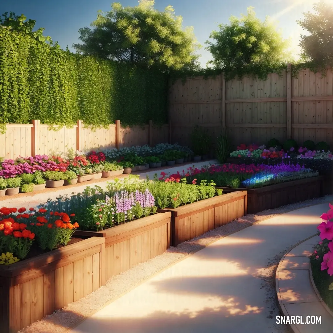 Garden with many different flowers in it and a fence in the background with a sun shining on the top of the fence