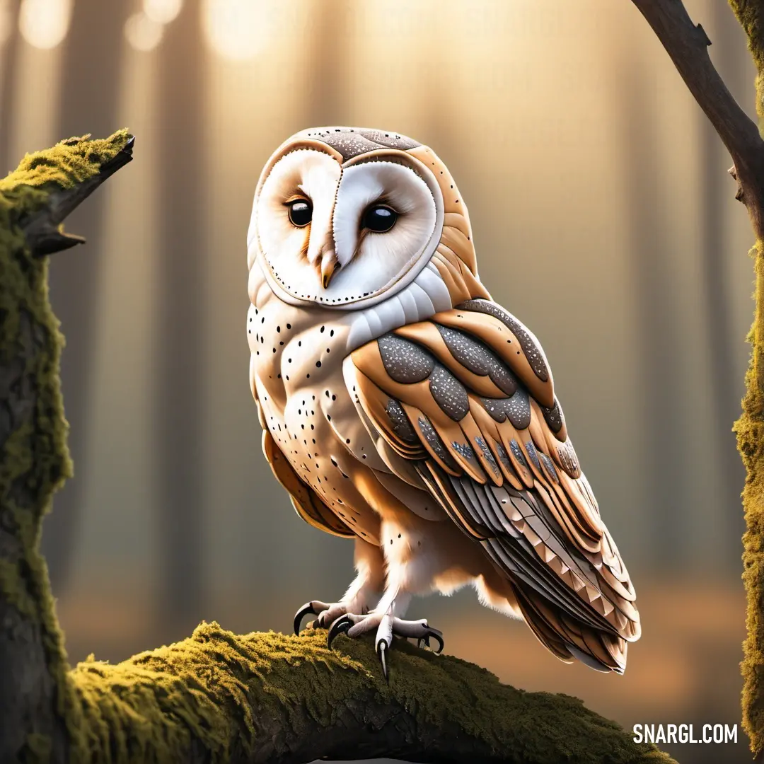 Painting of an owl on a branch in a forest with sunlight streaming through the trees