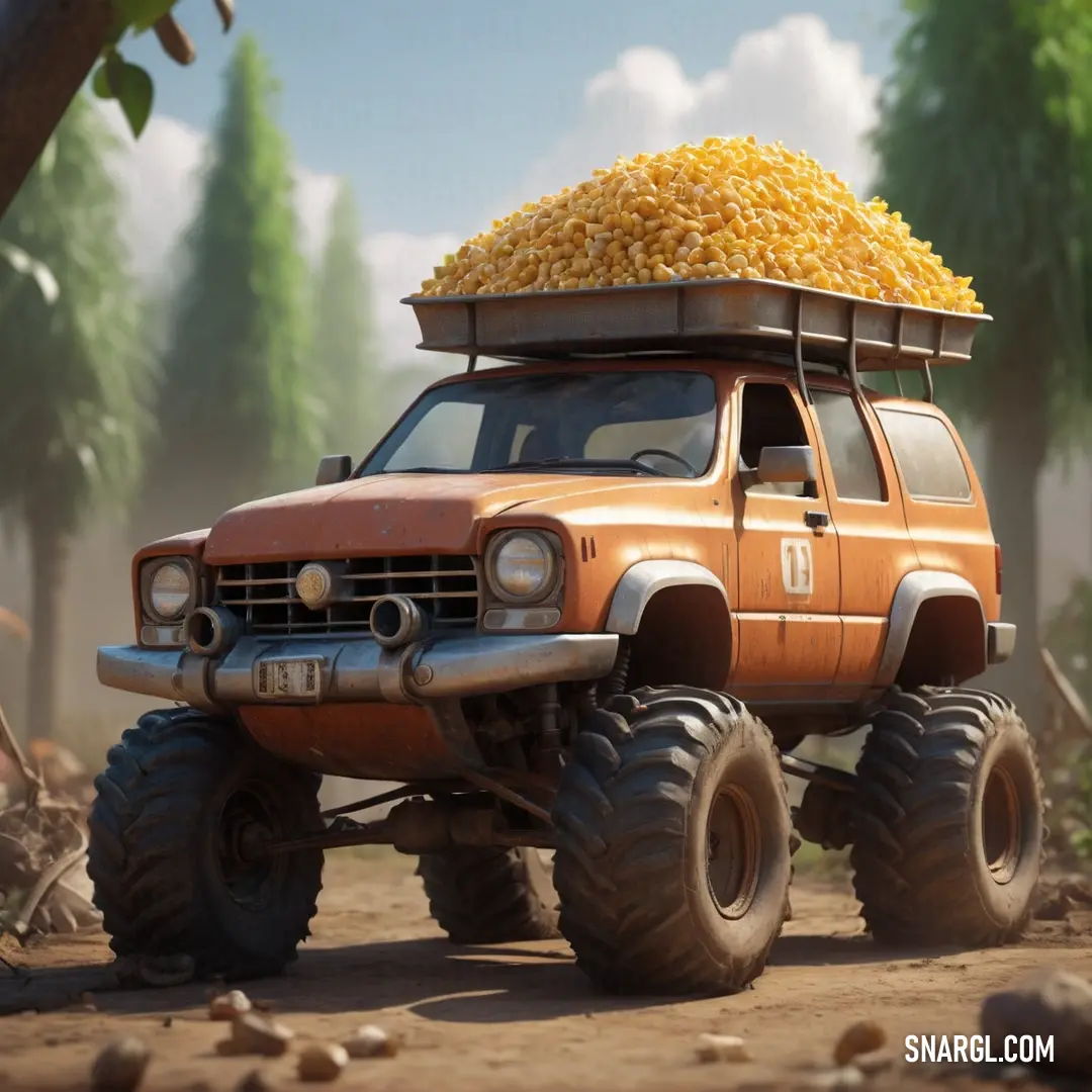 Truck with a load of corn on top of it's head in a dirt field with trees. Example of CMYK 17,54,68,0 color.