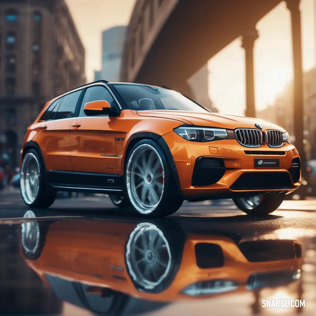 PANTONE 7592 color. Orange bmw suv parked on a city street with a reflection in the wet pavement of the street and buildings