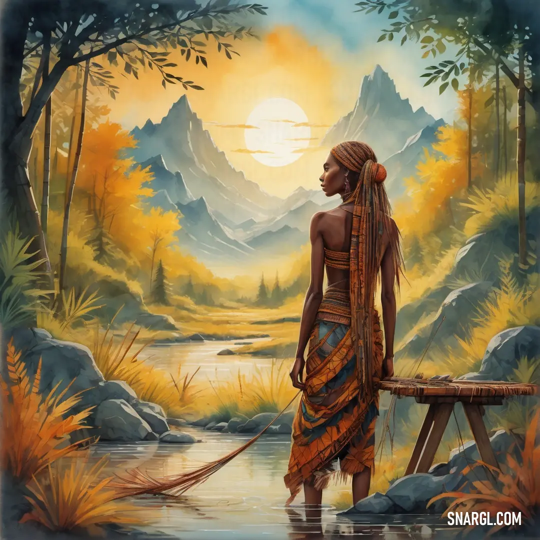 Painting of a native american woman standing in a river with a wooden bench in front of her and a mountain range in the background