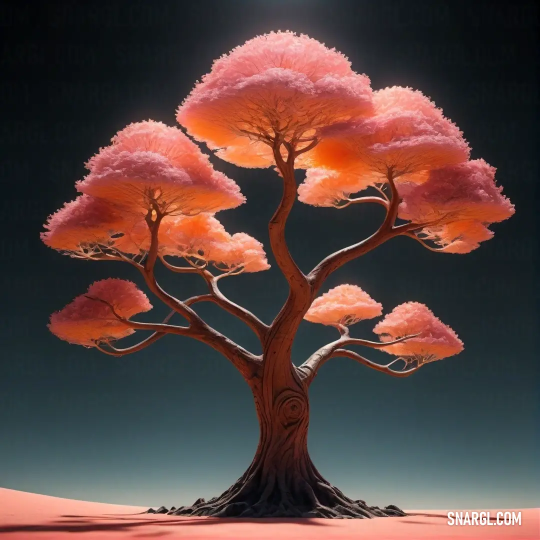 Tree with pink leaves on it in the middle of a desert area with a full moon in the background. Color CMYK 0,69,85,24.